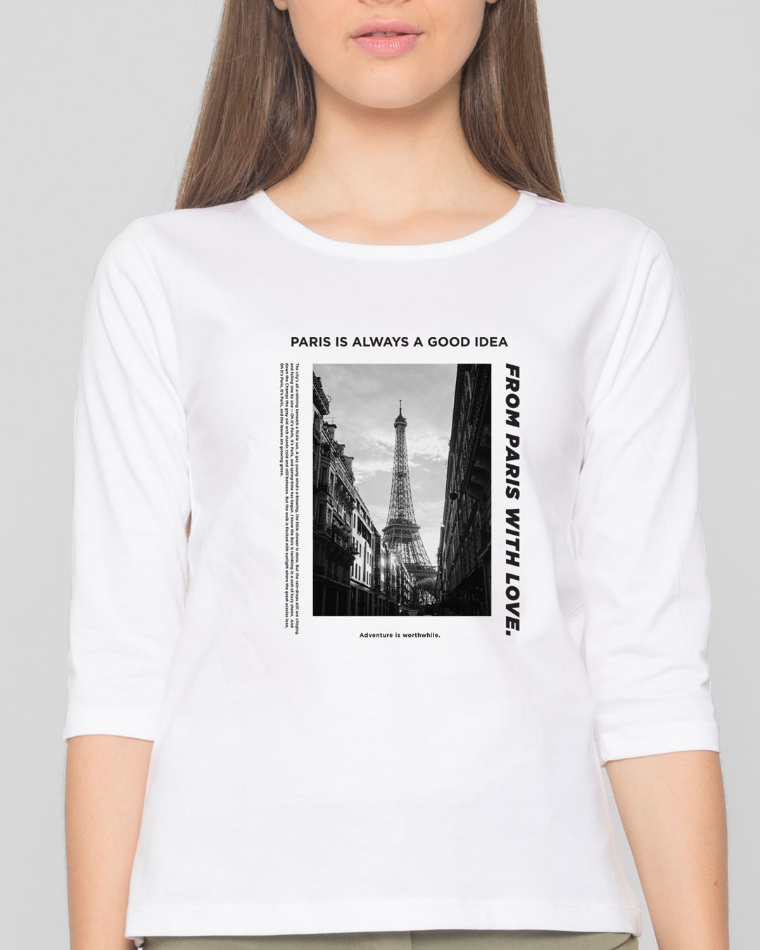 Paris With Love Round Neck 3 4 Sleeve T Shirts White