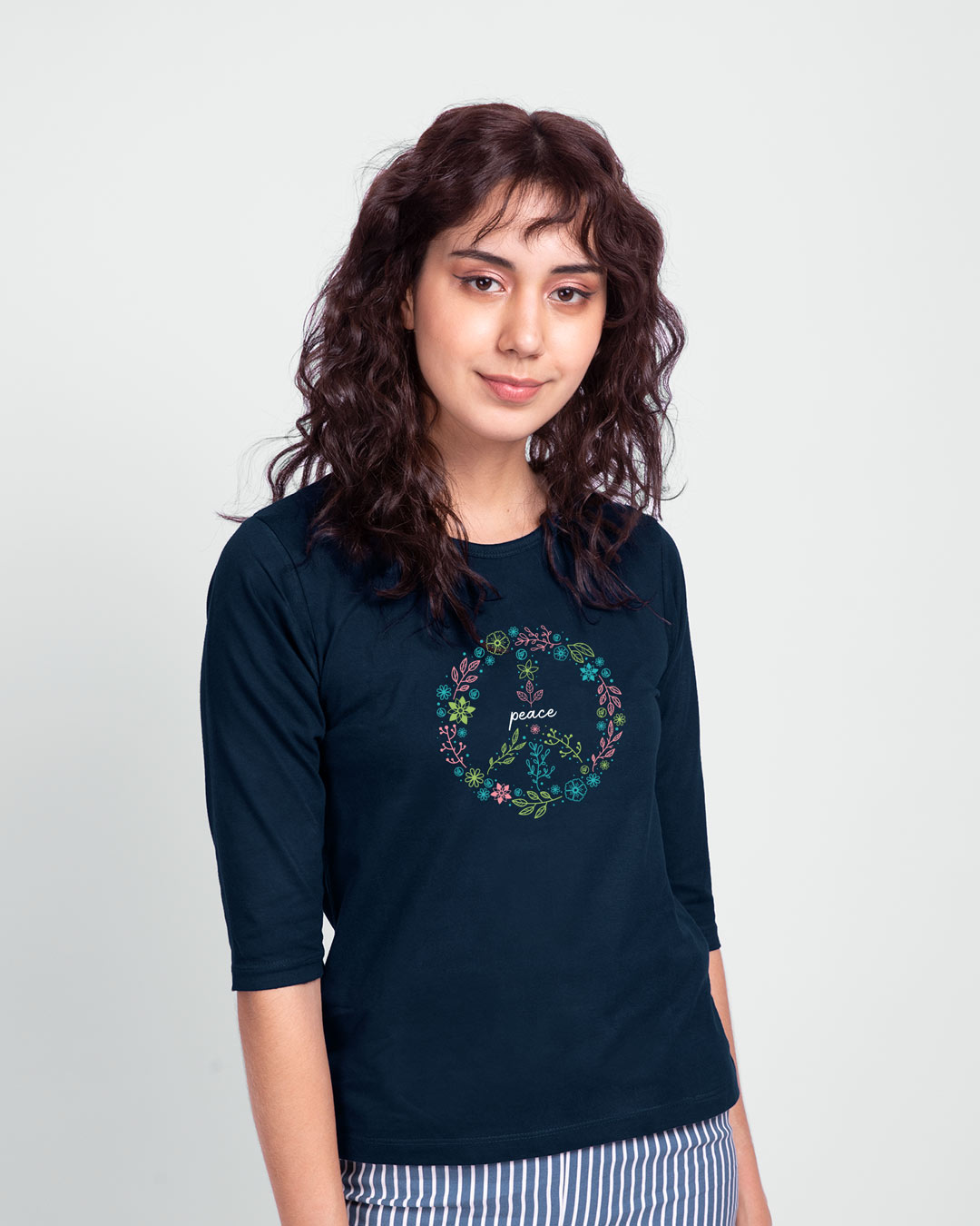 Shop Peace Floral Round Neck 3/4th Sleeve T-Shirt Navy Blue-Back