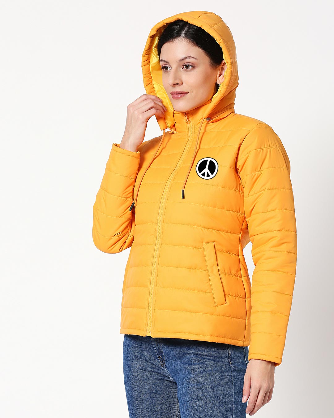 Shop Women's Yellow Peace Logo Printed Relaxed Fit Puffer Jacket With Detachable Hood-Back