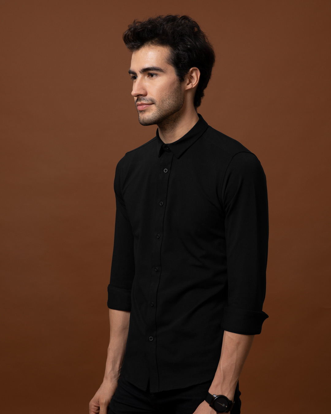 Shop Peach Black Slim Fit Stretchable Knitted Shirt-Back