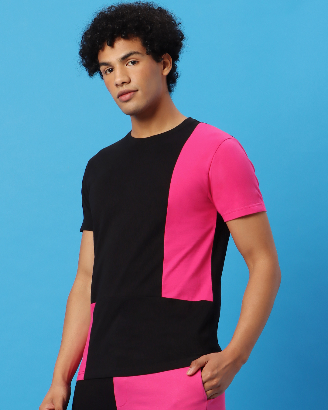 Shop Men's Black & Pink Color Block T-shirt-Back