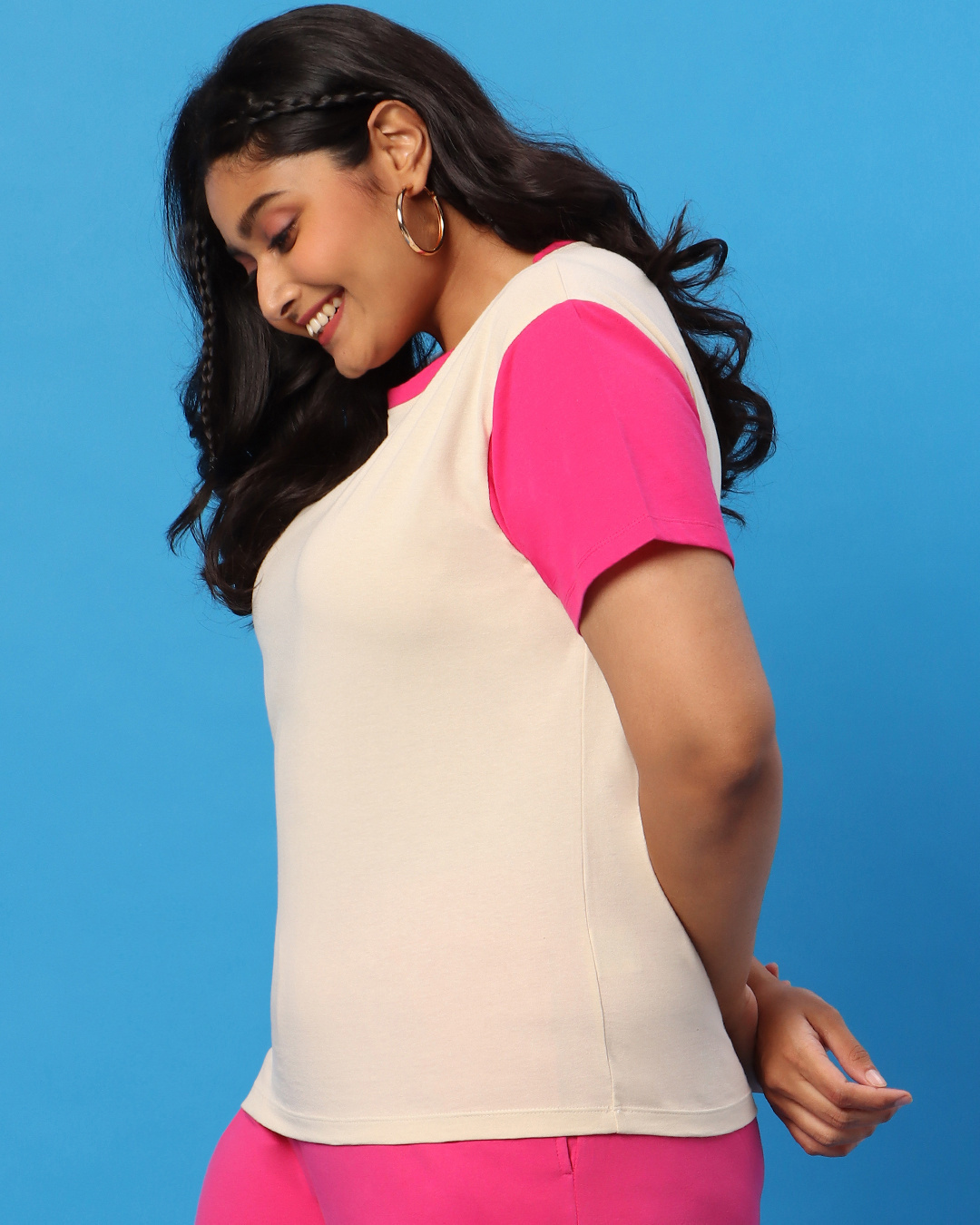 Shop Peppy Pink Contrast Sleeve Plus Size T-Shirt-Back