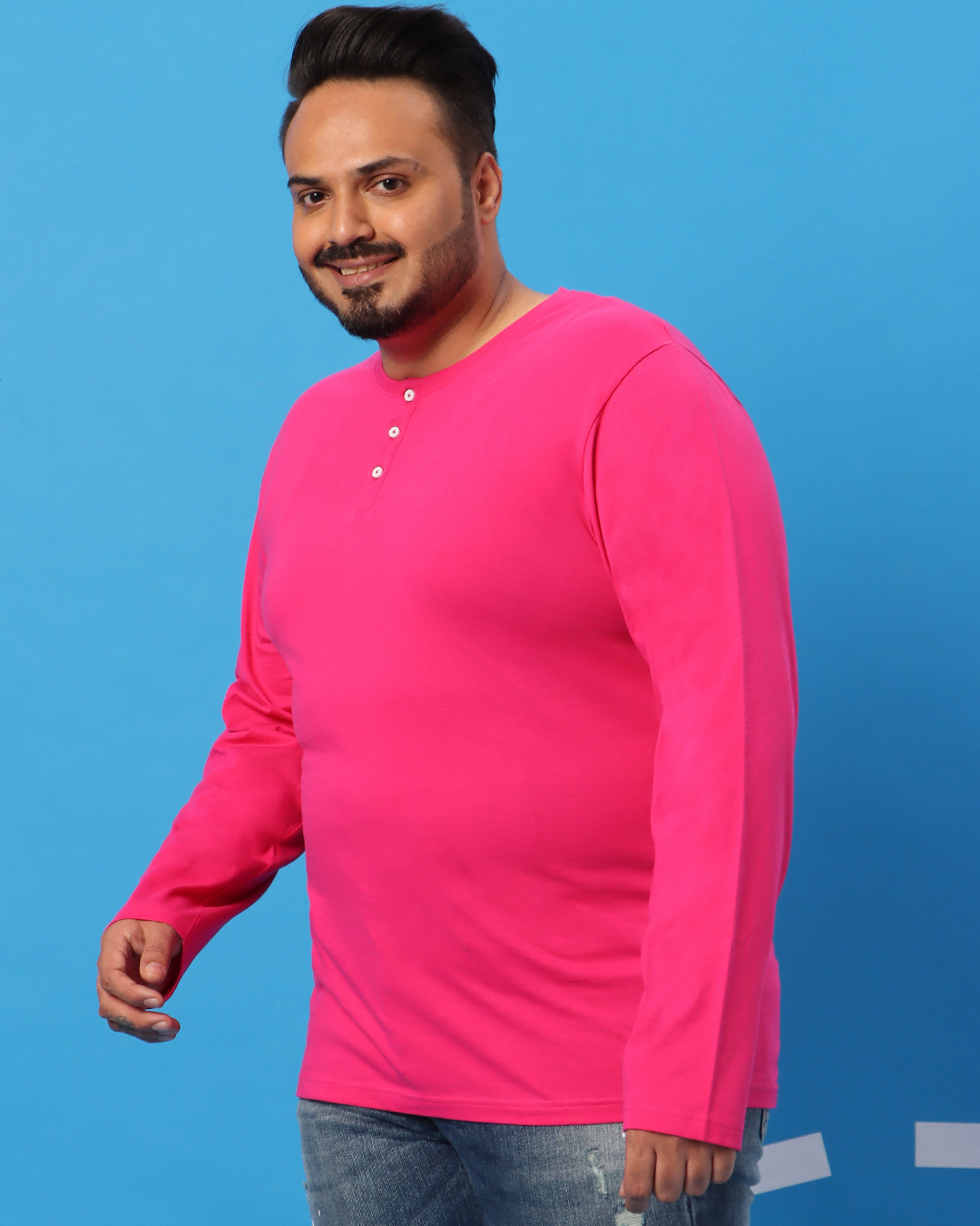 Shop Peppy Pink Plus Size Round Neck Henley T-Shirt-Back