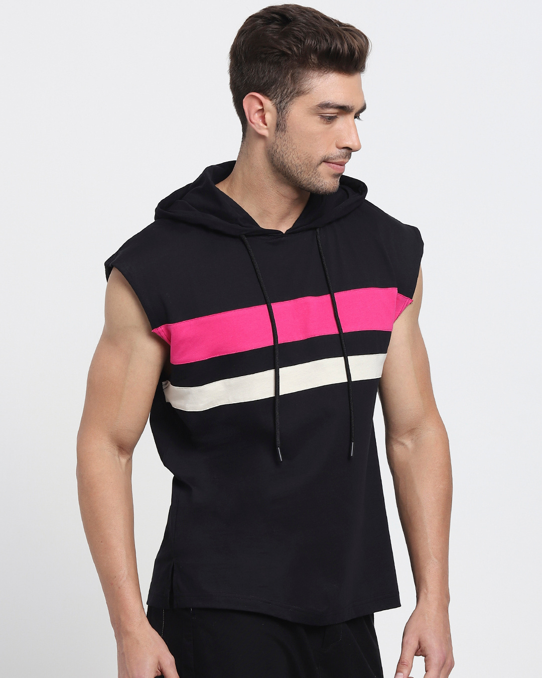 Shop Peppy Pink Sleeveless Color Block Hoodie T-Shirt-Back