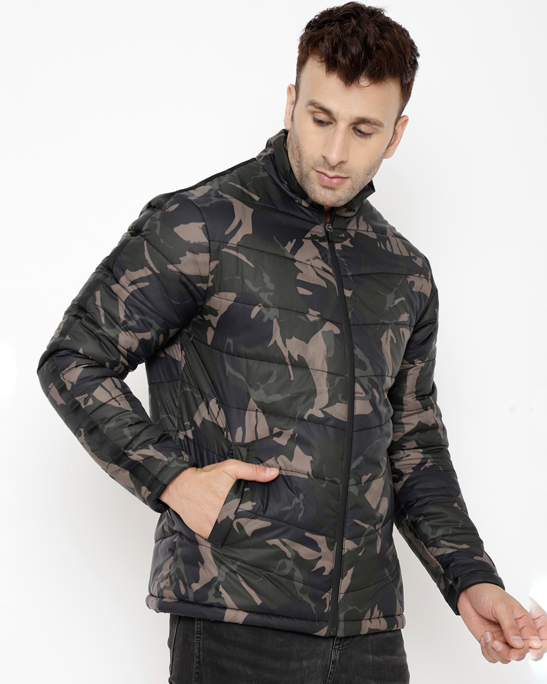 Shop Men's Olive Camo Printed Lightweight Puffer Jacket-Back