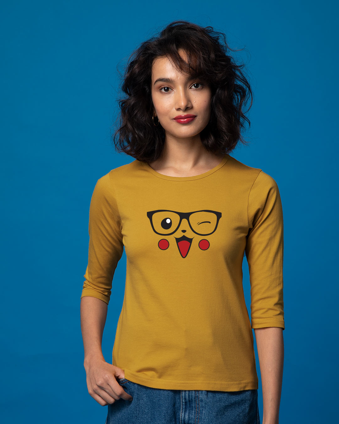 Buy Pika-geek Round Neck 3/4th Sleeve T-Shirt for Women yellow Online ...