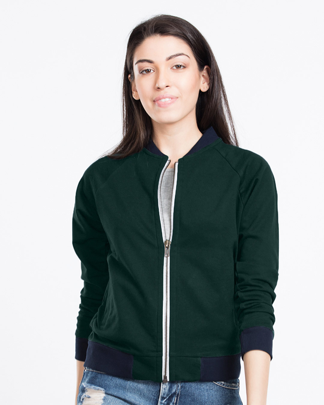 Buy Pine Green-Navy Blue Contrast Rib Bomber Jacket for Women green ...