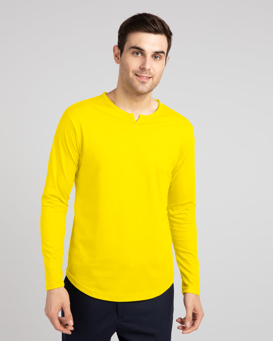Buy Pineapple Yellow Slit Neck Full Sleeve Henley T-Shirt for Men ...