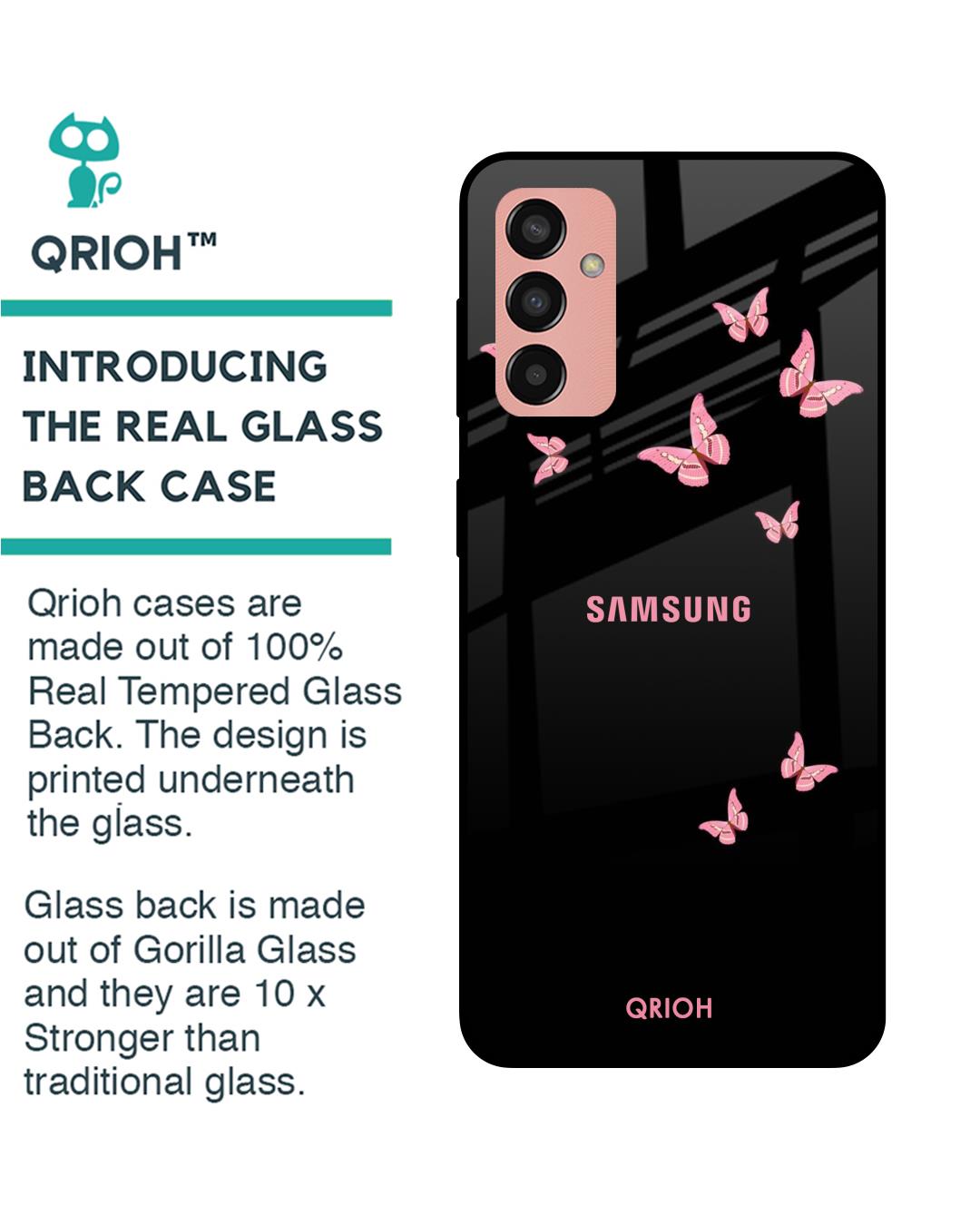 Shop Pink Butterfly Printed Premium Glass Cover for Samsung Galaxy M13 (Shock Proof, Scratch Resistant)-Back