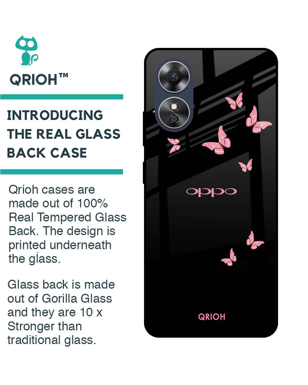 Shop Pink Butterfly Printed Premium Glass Case for OPPO A17 (Shock Proof,Scratch Resistant)-Back