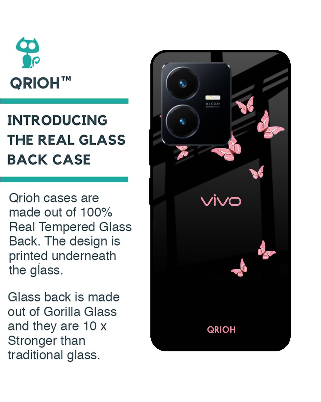 Shop Pink Butterfly Printed Premium Glass Case for Vivo Y22 (Shock Proof,Scratch Resistant)-Back