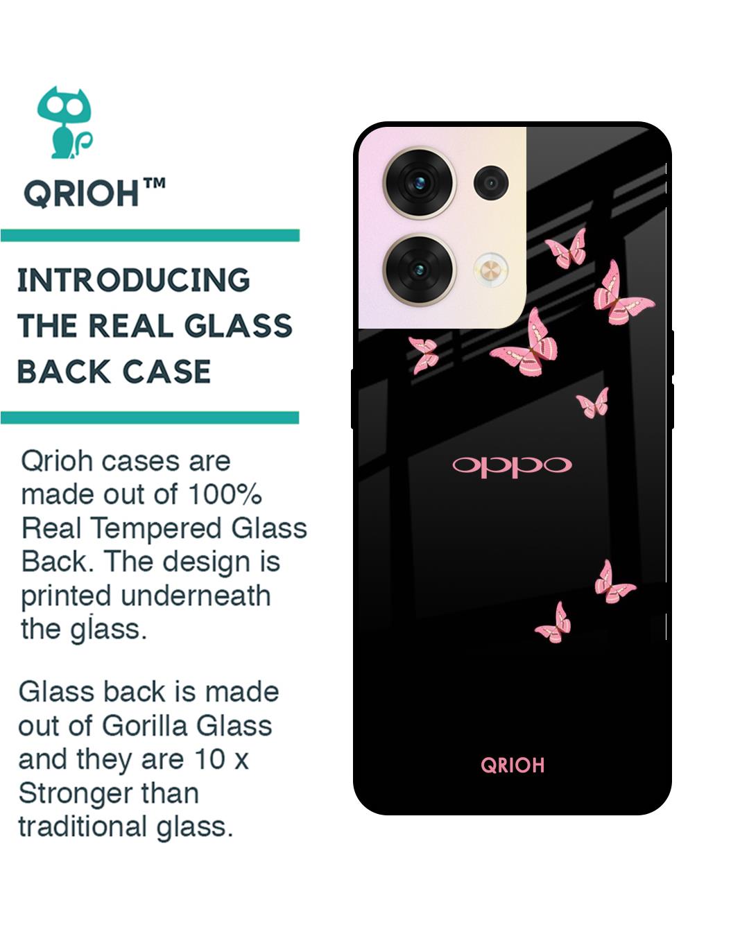 Shop Pink Butterfly Printed Premium Glass Cover for Oppo Reno8 5G (Shock Proof, Scratch Resistant)-Back