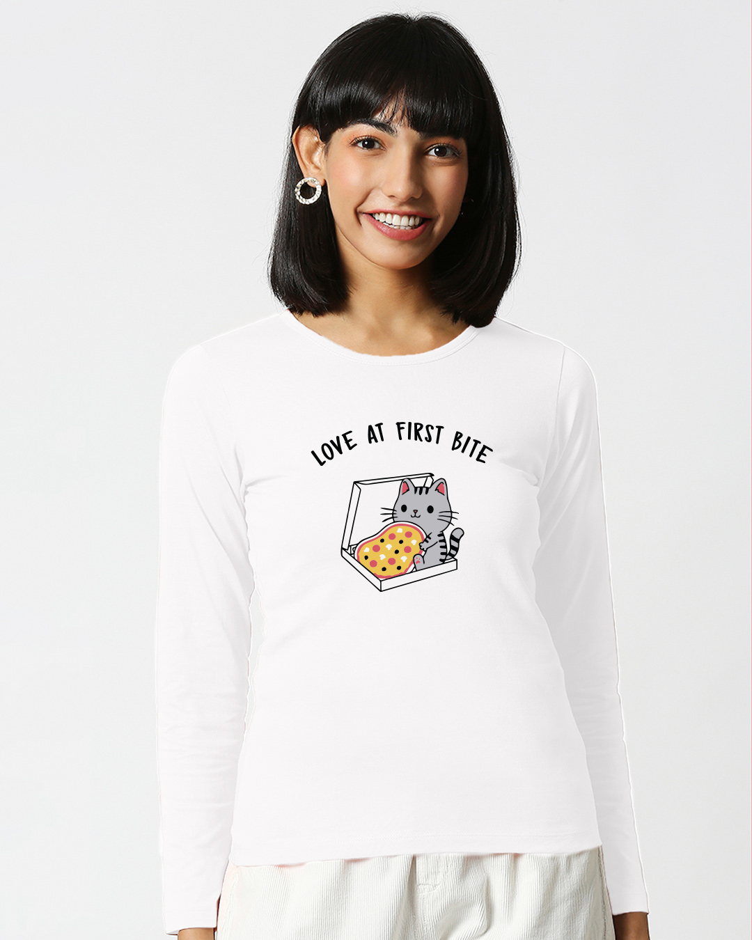 Shop Pizza Cat Full Sleeves T-Shirt White-Back