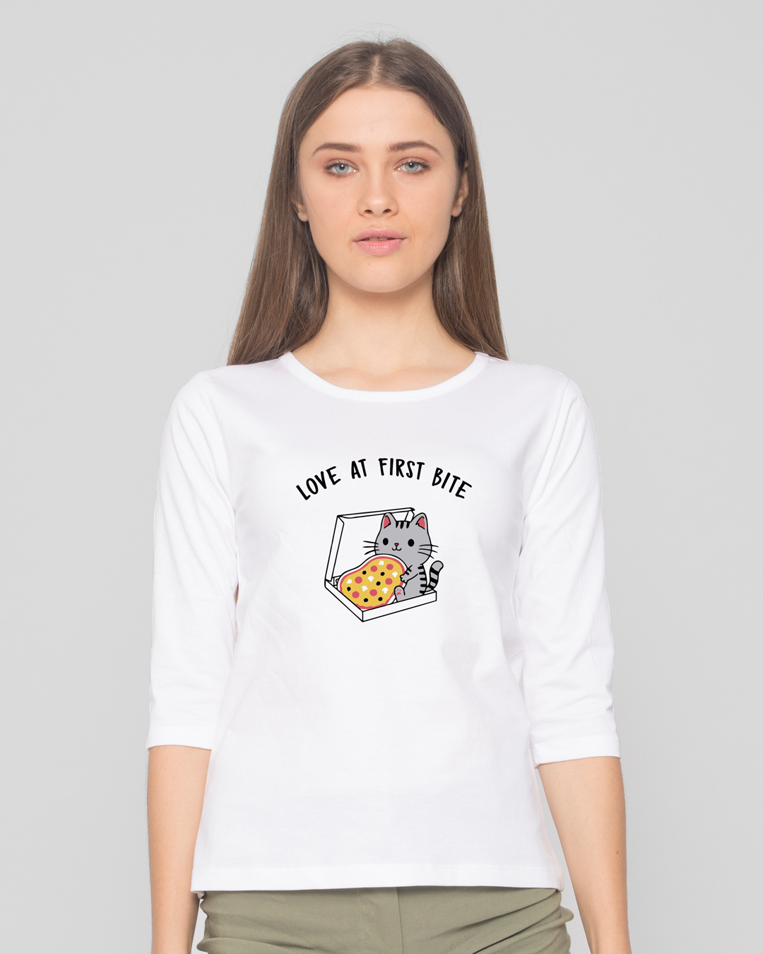 Shop Pizza Cat Round Neck 3/4 Sleeve T-Shirt White-Back