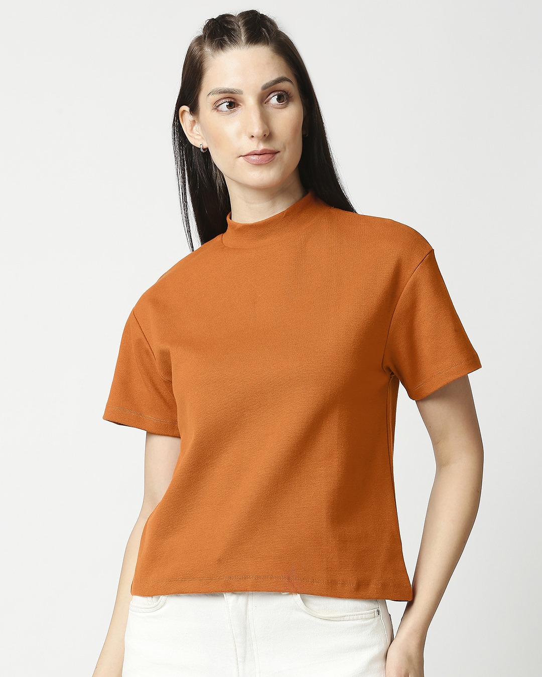 Shop Women's Orange Turtle Neck T-shirt-Back