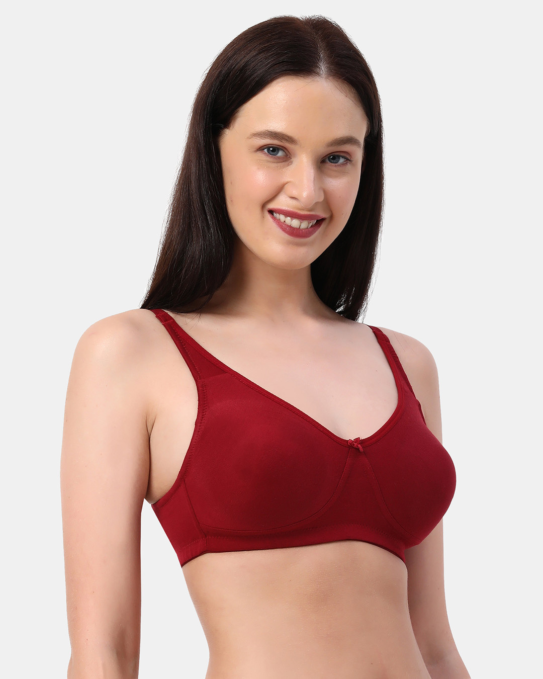 Shop Non Padded Non Wired Double Layered Moulded Fabric T Shirt Bra In Maroon-Back