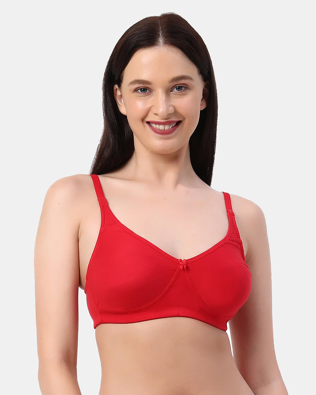 Shop Non Padded Non Wired Double Layered Moulded Fabric T Shirt Bra In Red-Back