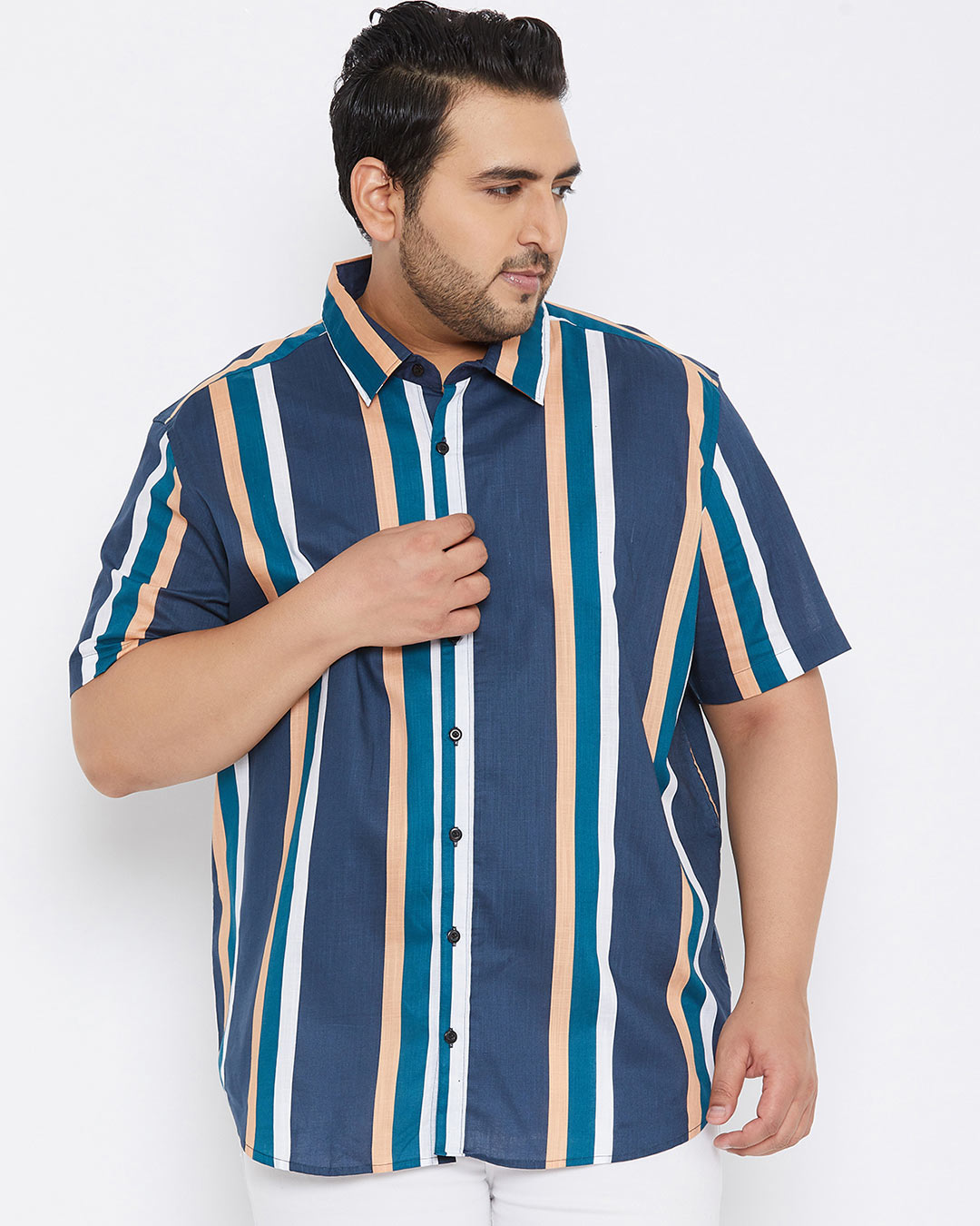 Shop Plus Size Men's Stylish Striped Half Sleeve Casual Shirt-Back