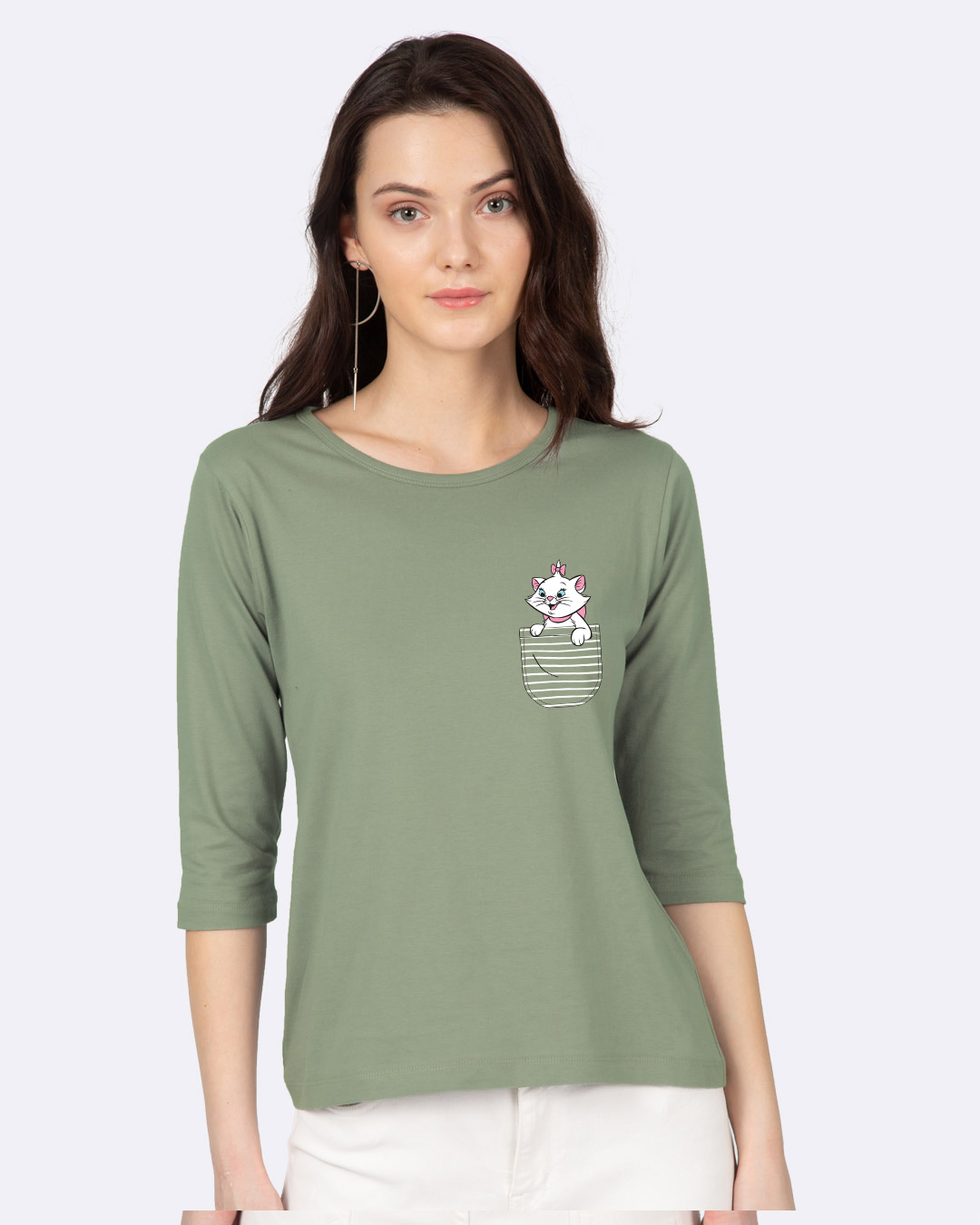 Shop Pocket Cat Round Neck 3/4 Sleeve T-Shirt Moss Green (DL)-Back