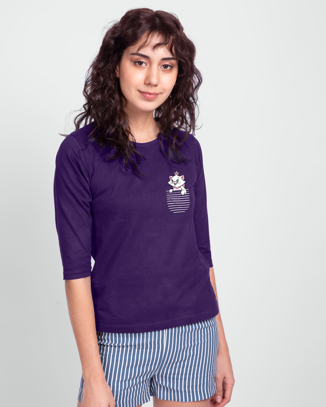 Shop Pocket Cat Round Neck 3/4 Sleeve T-Shirt Parachute Purple (DL)-Back
