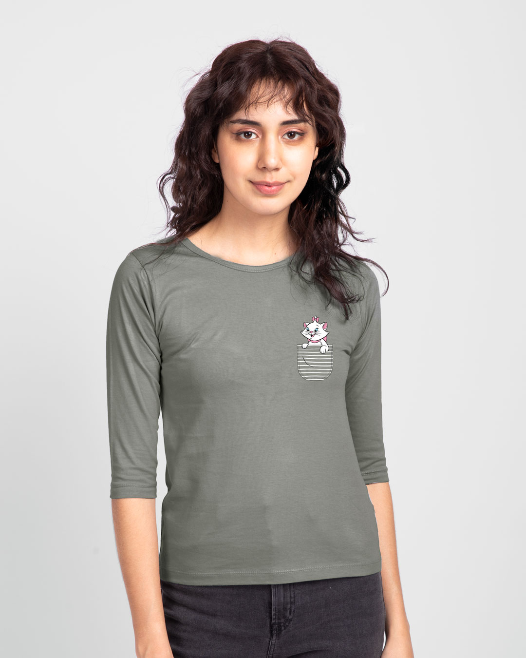 Shop Pocket Cat Round Neck 3/4 Sleeve T-Shirts Meteor Grey (DL)-Back
