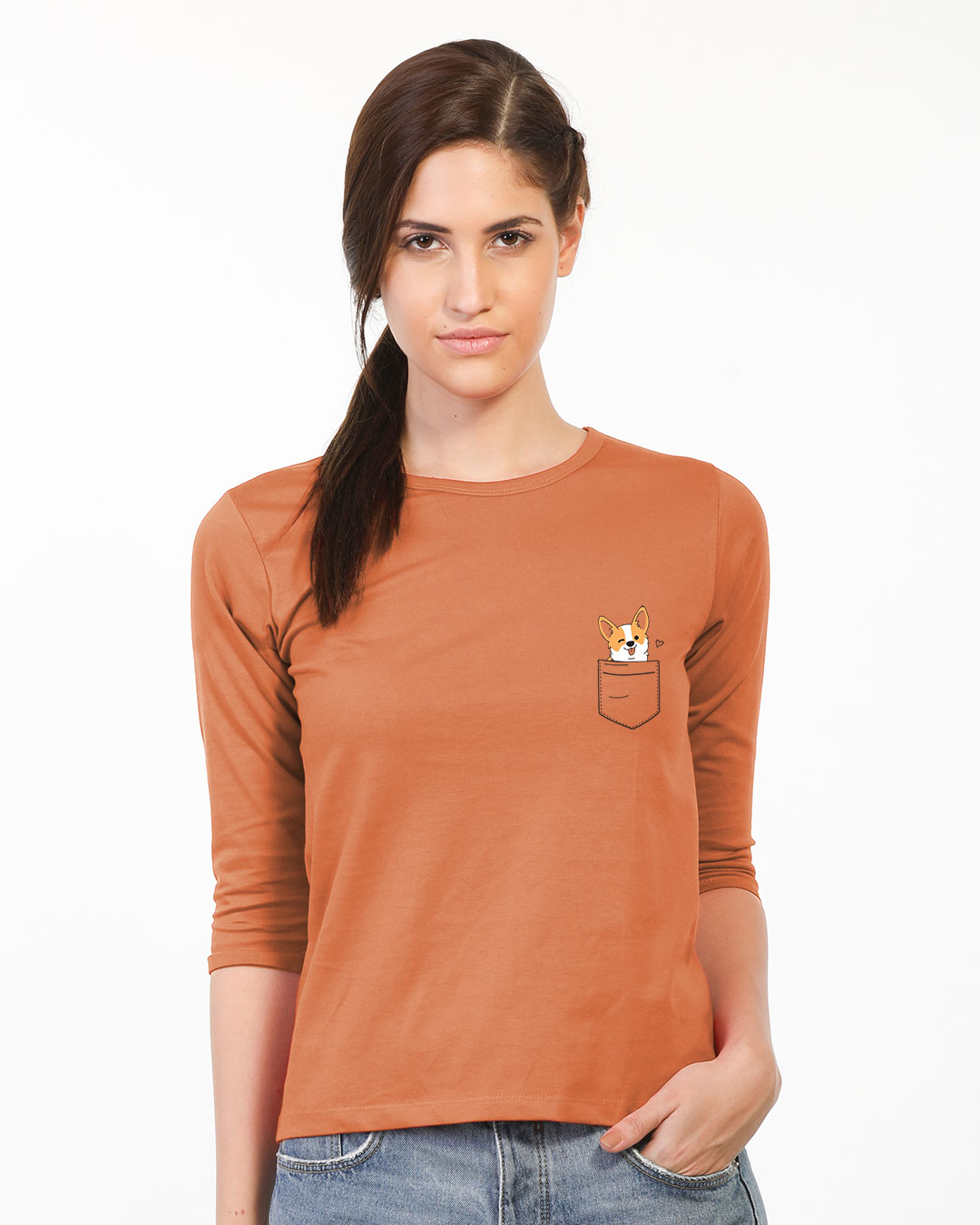 Shop Pocket Corgi Round Neck 3/4th Sleeve T-Shirt-Back