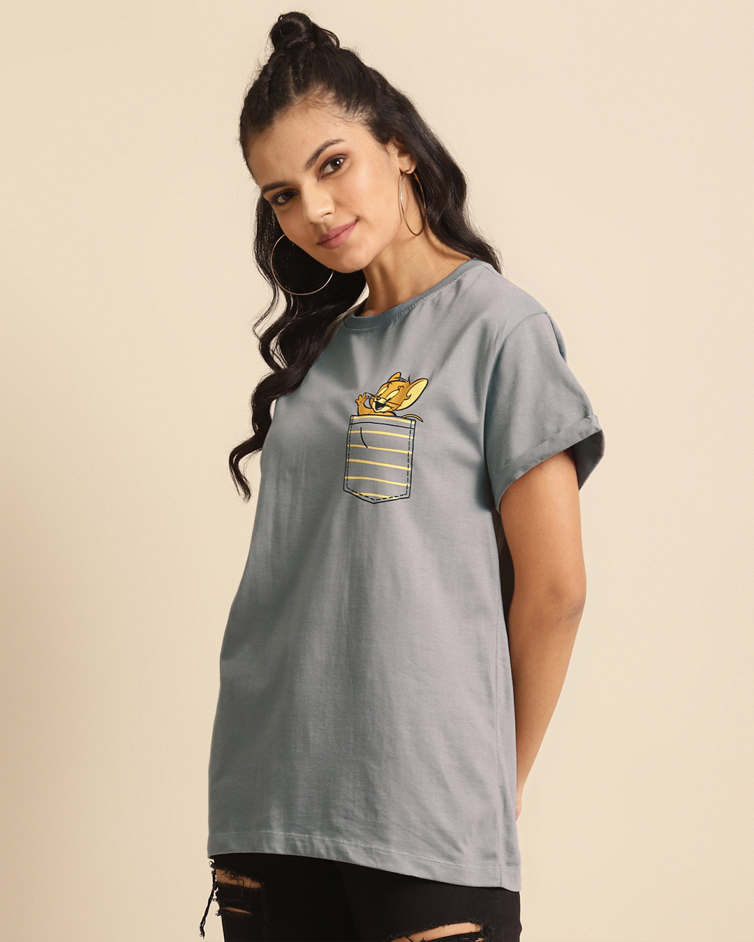 Shop Women's Grey Pocket Jerry Graphic Printed Boyfriend T-shirt-Back
