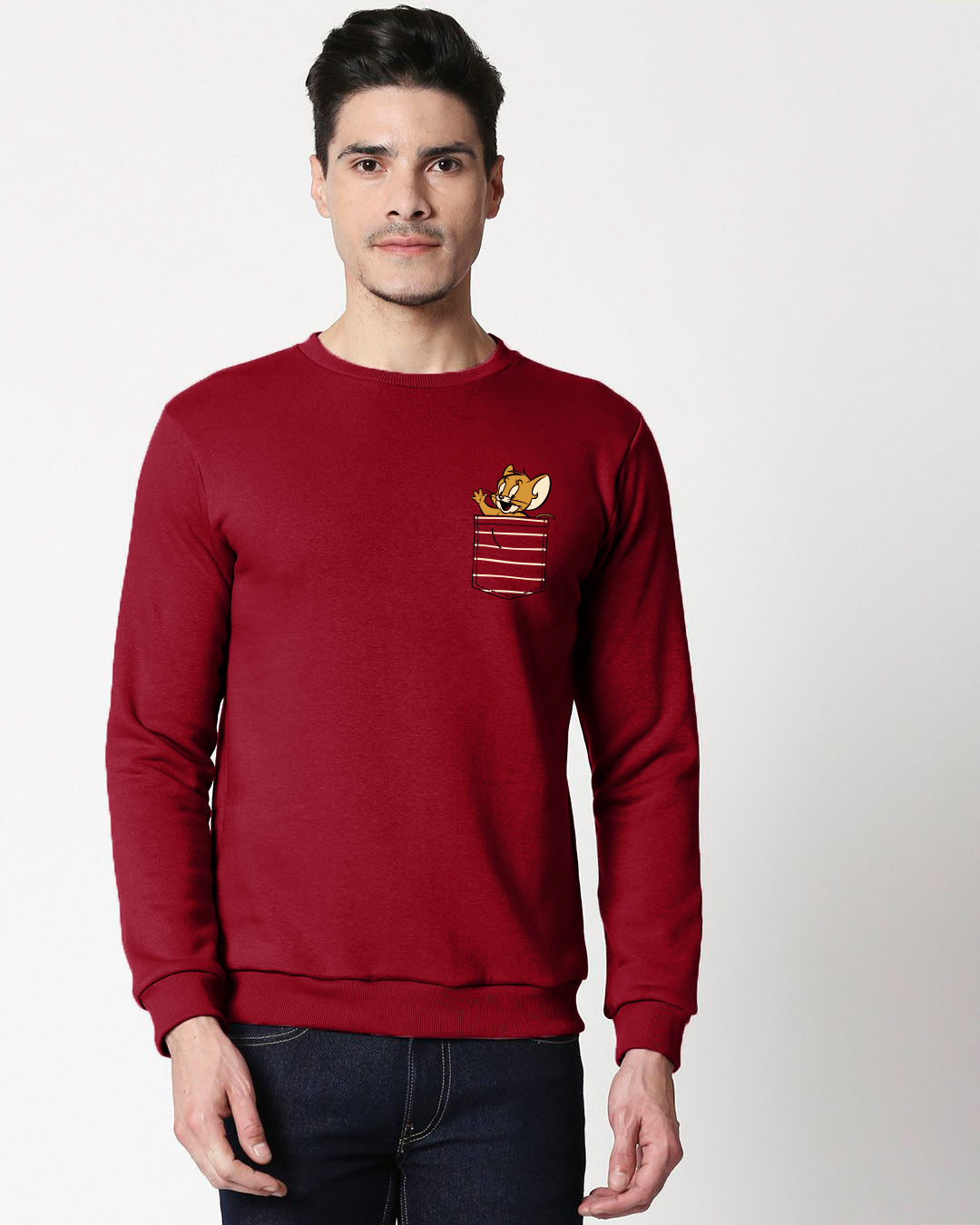 

Pocket Jerry Fleece Sweater Men' Printed Fleece Sweater Bewakoof.com, Red