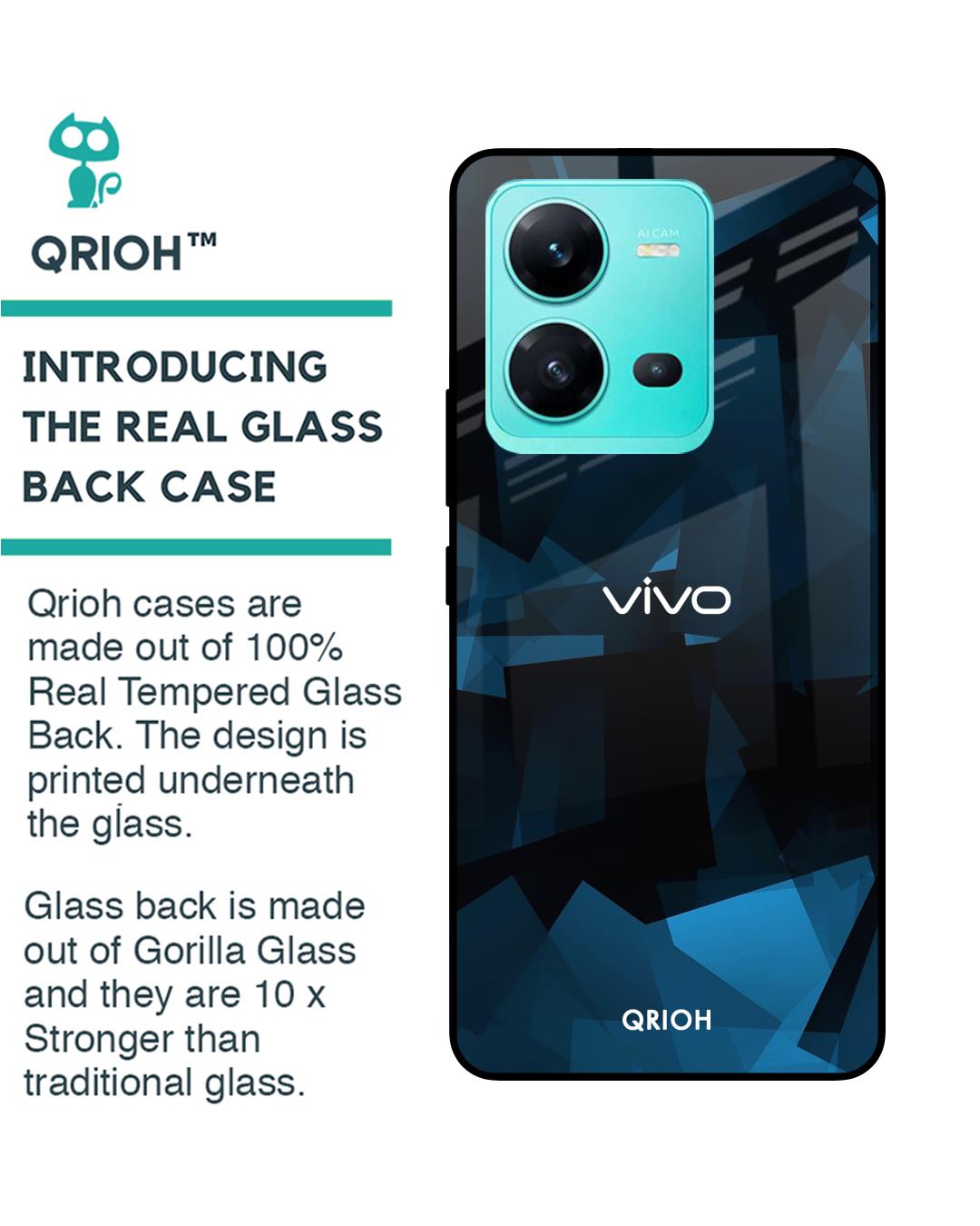 Shop Polygonal Blue Box Printed Premium Glass Case For Vivo V25 (Shock Proof,Scratch Resistant)-Back