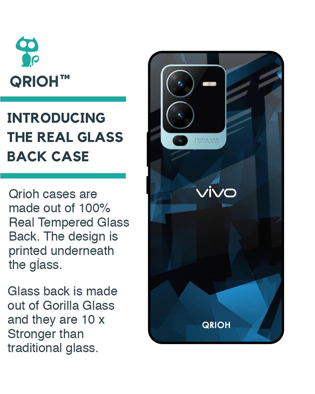 Shop Polygonal Blue Box Printed Premium Glass Case For Vivo V25 Pro (Shock Proof,Scratch Resistant)-Back