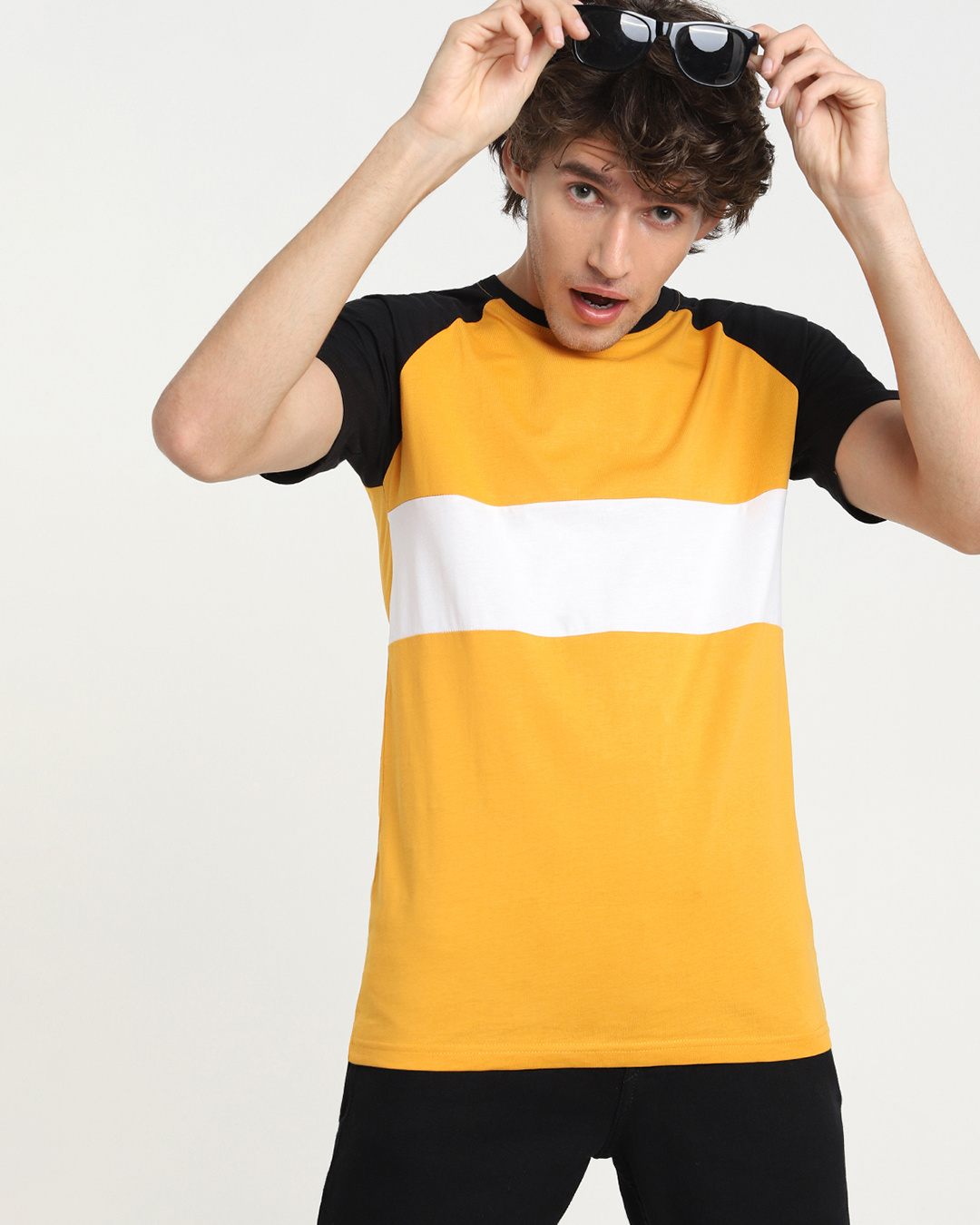 Buy Mens Popcorn Yellow And Black Color Block Raglan Slim Fit T Shirt