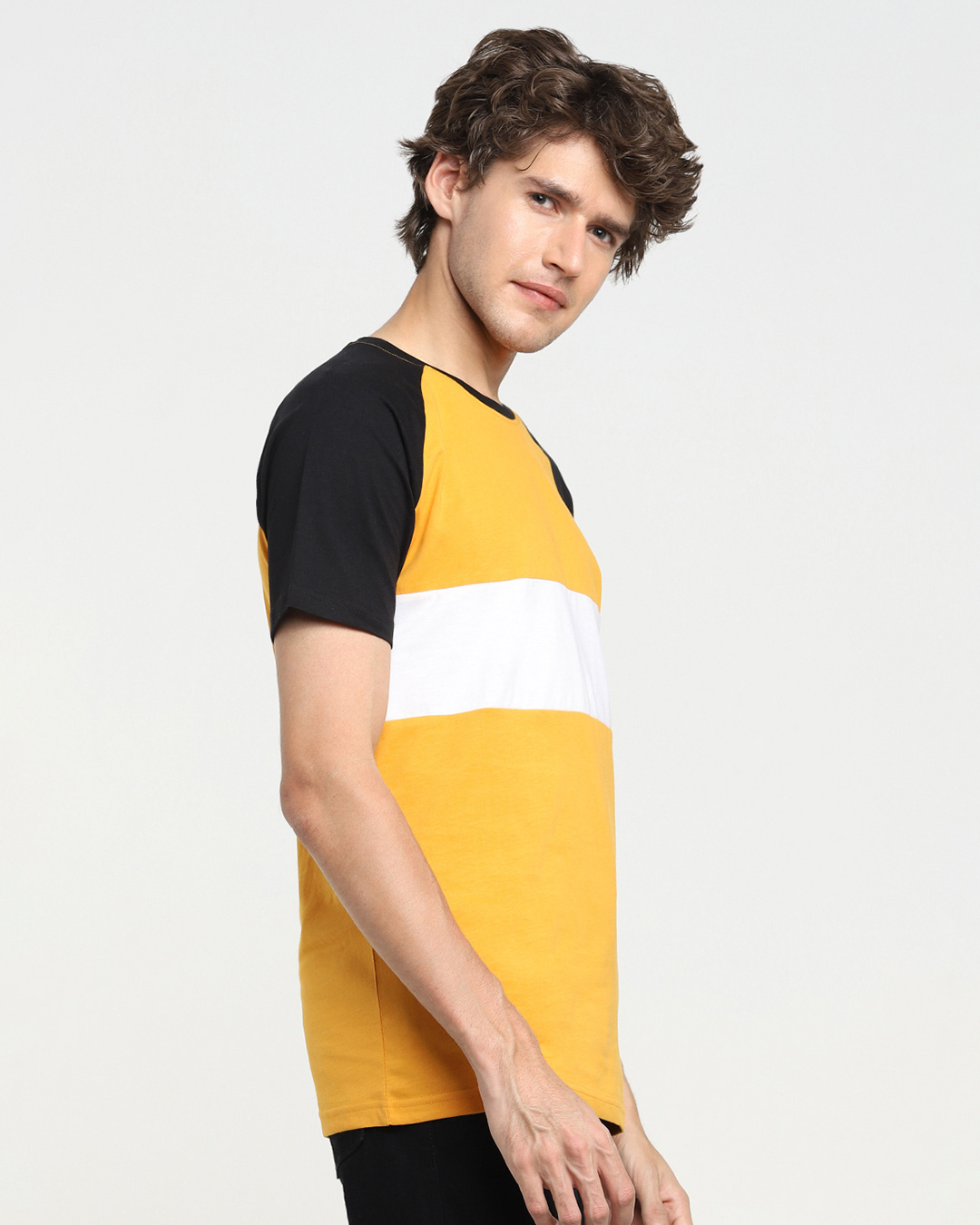 Shop Men's Popcorn Yellow & Black Color Block Raglan Slim Fit T-shirt-Back
