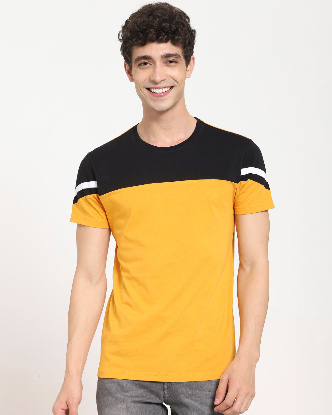 Shop Men's Yellow & Black Color Block T-shirt-Back