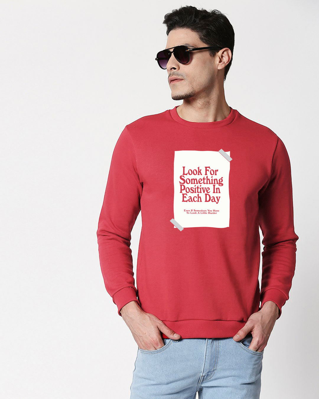 

Positive Days Fleece Sweater Men' Printed Fleece Sweater Bewakoof.com, Red