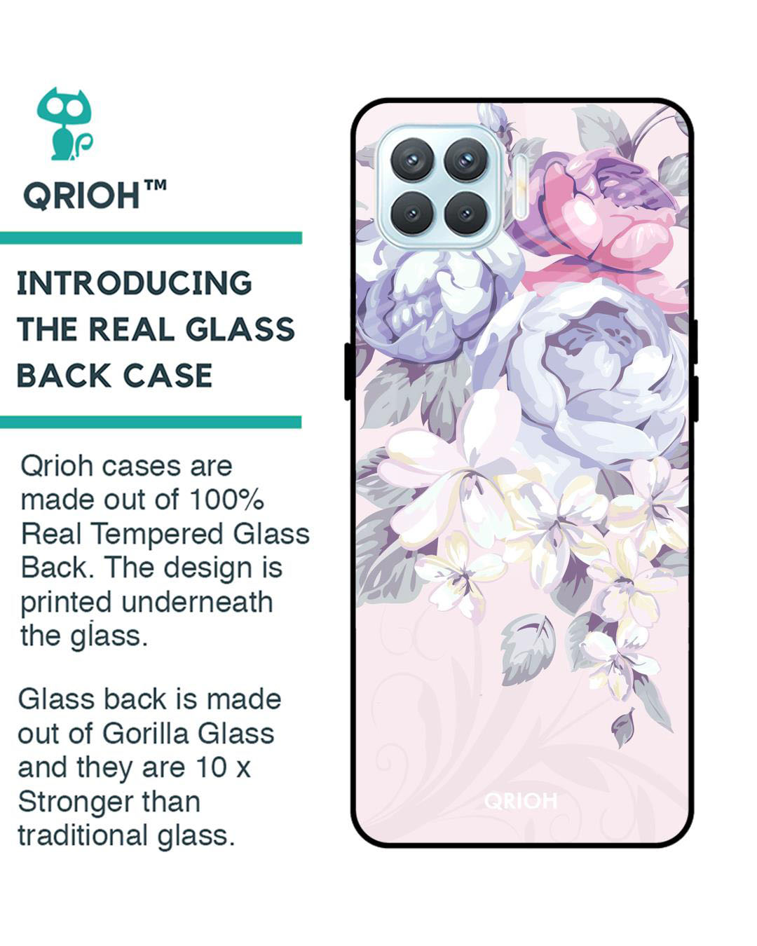 Shop Purple Elegant Floral Printed Premium Glass Cover for Oppo F17 Pro (Shock Proof, Lightweight)-Back
