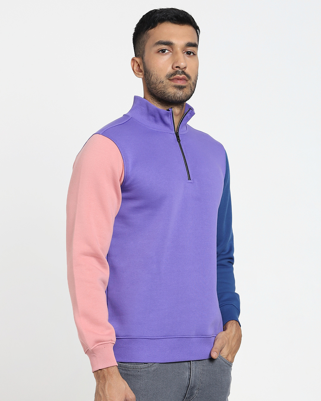 Shop Men's Purple Contrast Sleeve Color Block Half Zipper Sweatshirt-Back