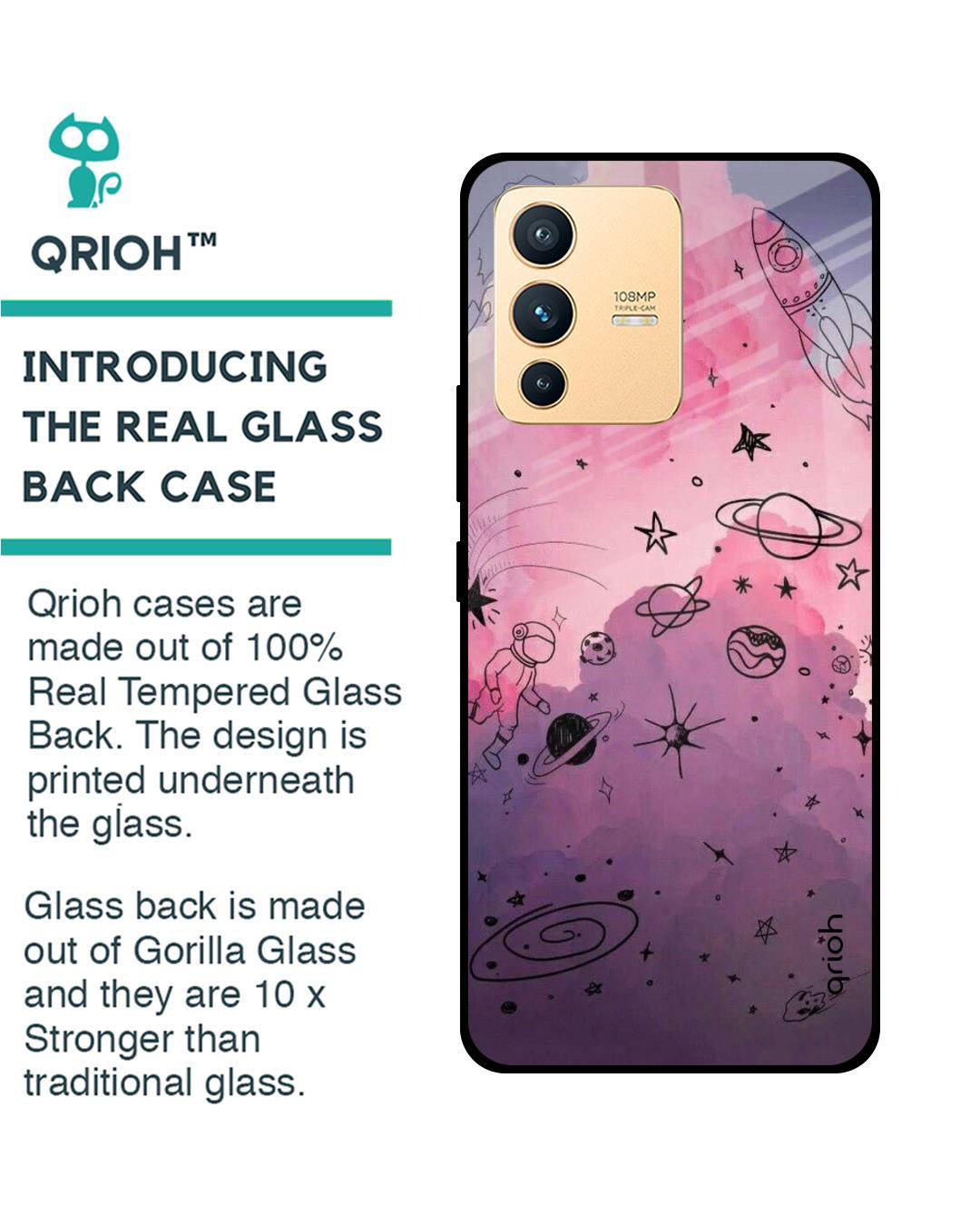 Shop Space Doodles Printed Premium Glass Cover for Vivo V23 5G (Shock Proof, Lightweight)-Back