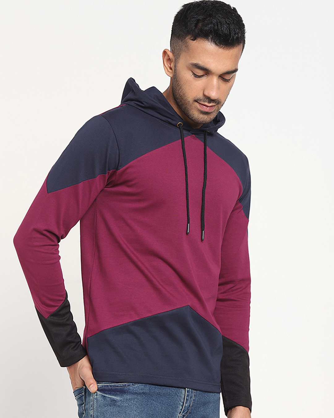 Shop Men's Purple & Blue Color Block Hoodie T-shirt-Back