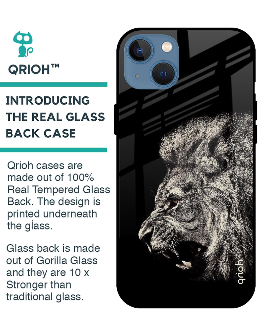 Shop Black Brave Lion IPhone 13 Premium Glass Case (Gorilla Glass & Shockproof Anti-Slip Silicone)-Back