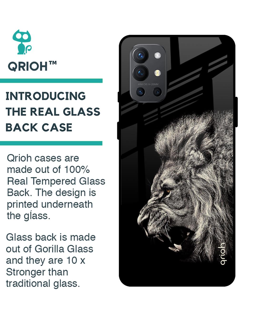 Shop Black Brave Lion Oneplus 9R Premium Glass Case (Gorilla Glass & Shockproof Anti-Slip Silicone)-Back