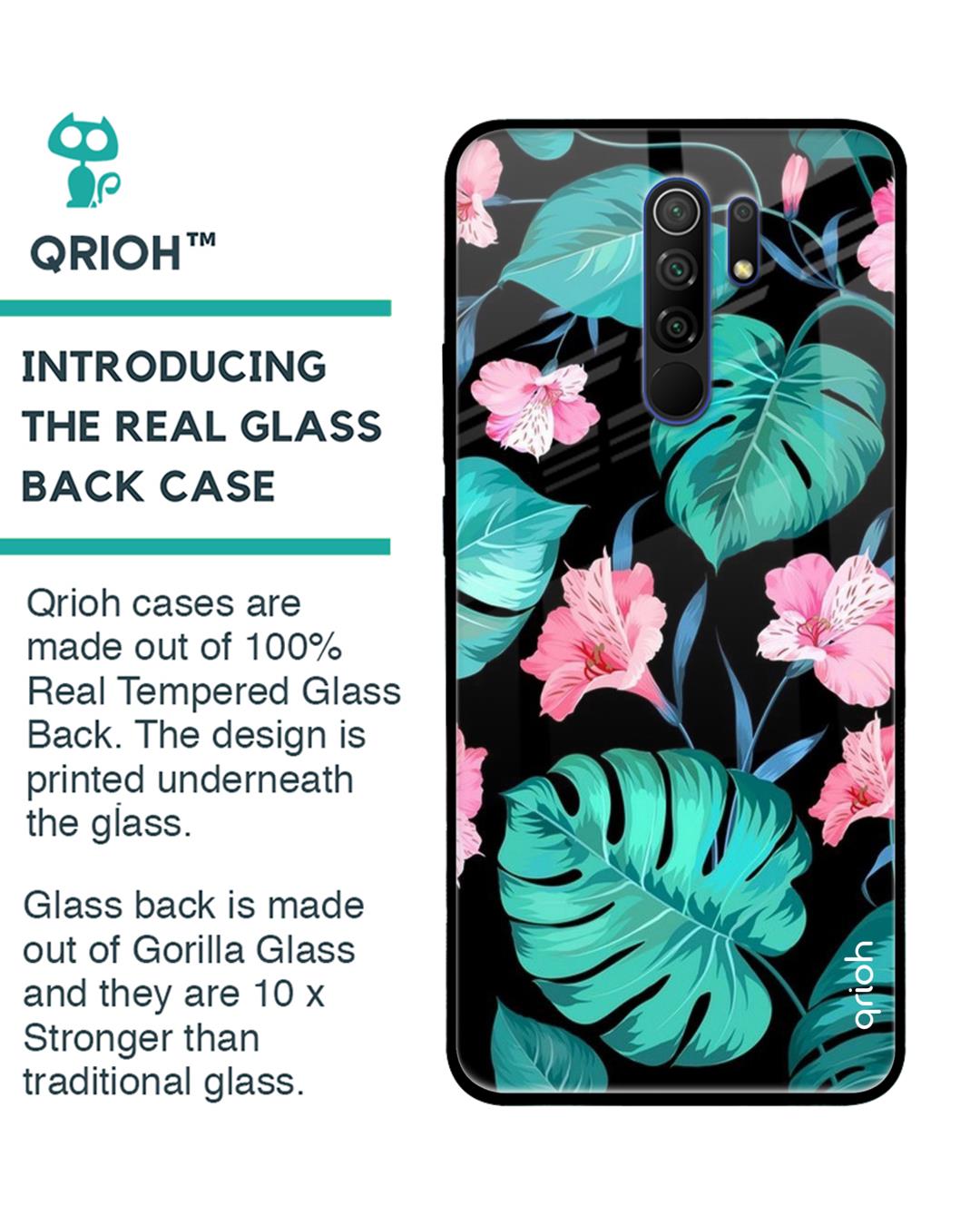 Shop Tropical Leaves & Pink Flowers Glass Case For Poco M2-Back