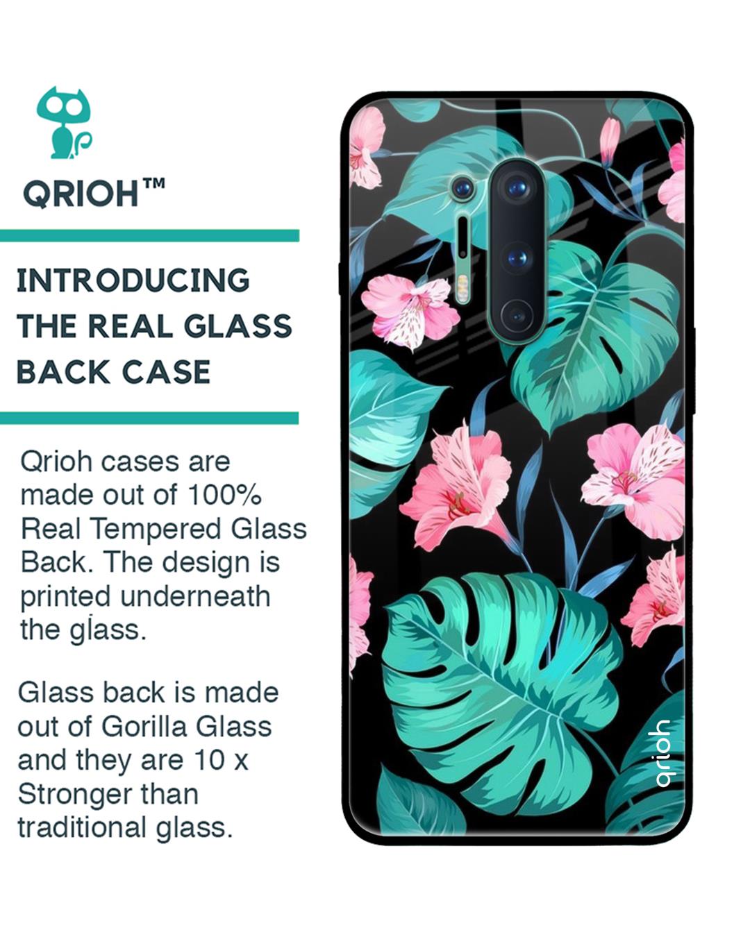 Shop Oneplus 8 Pro Tropical Leaves & Pink Flowers Glass Case-Back