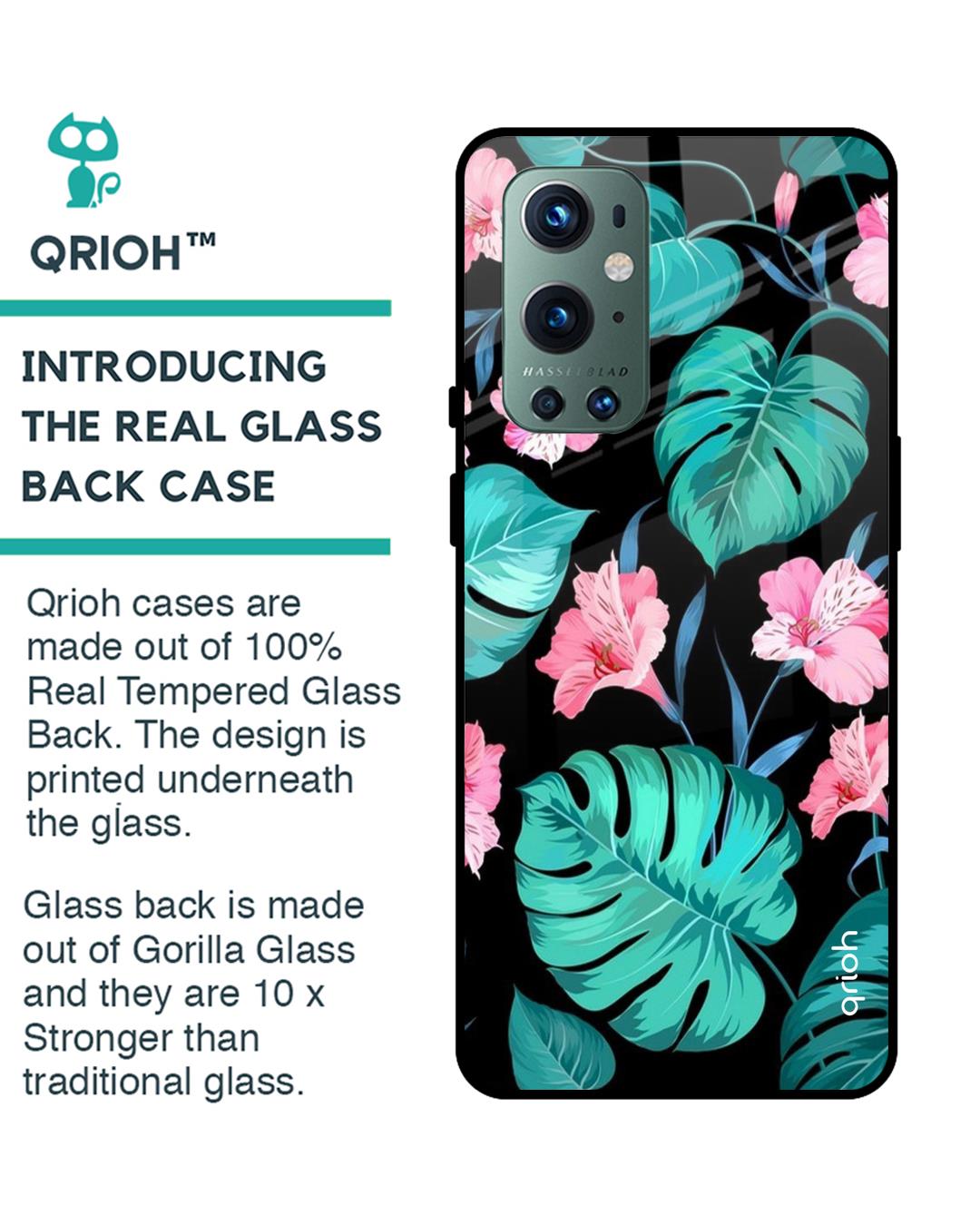 Shop Oneplus 9 Pro Tropical Leaves & Pink Flowers Glass Case-Back