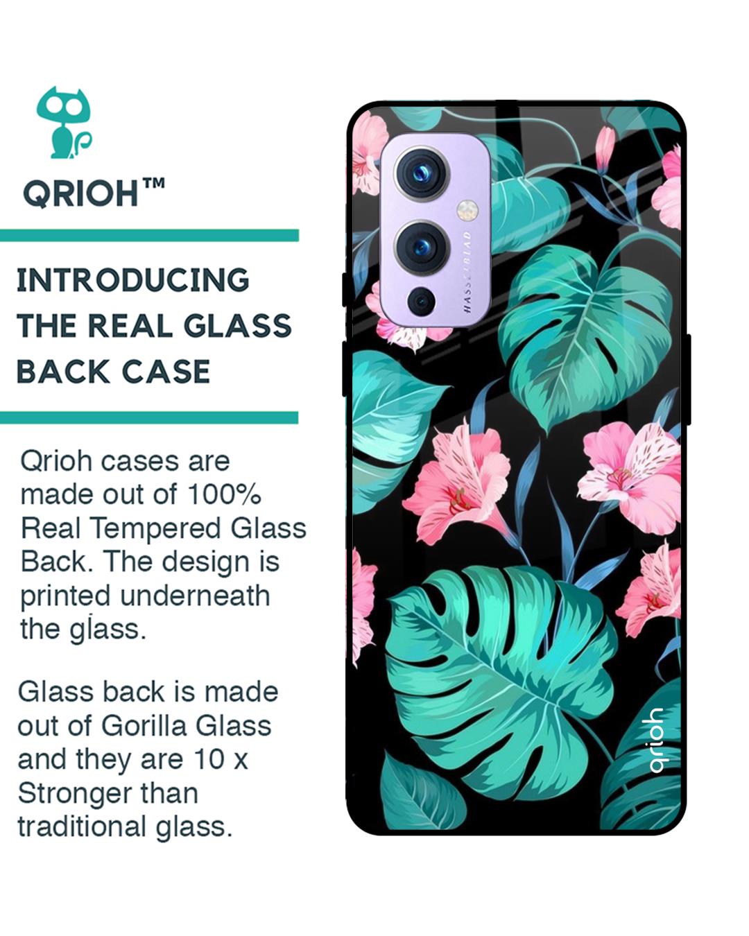 Shop Oneplus 9 Tropical Leaves & Pink Flowers Glass Case-Back