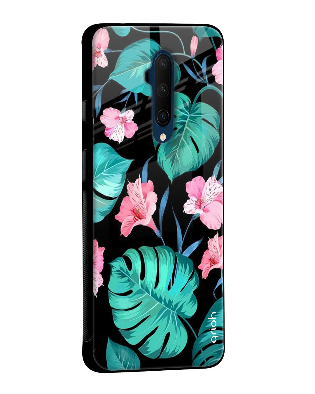 Shop Tropical Leaves & Pink Flowers Glass Case For Oneplus Nord-Back
