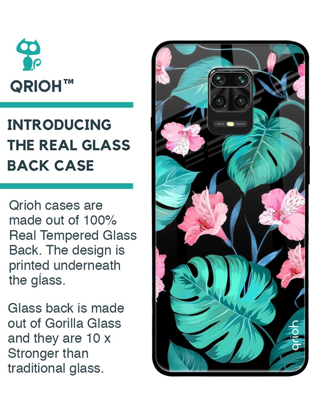 Shop Tropical Leaves & Pink Flowers Glass Case For Redmi Note 9 Pro-Back