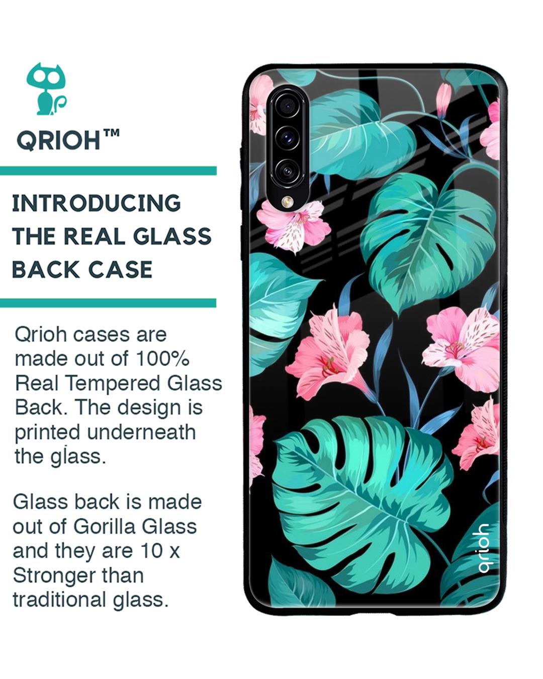 Shop Tropical Leaves & Pink Flowers Glass Case For Samsung Galaxy A30s-Back