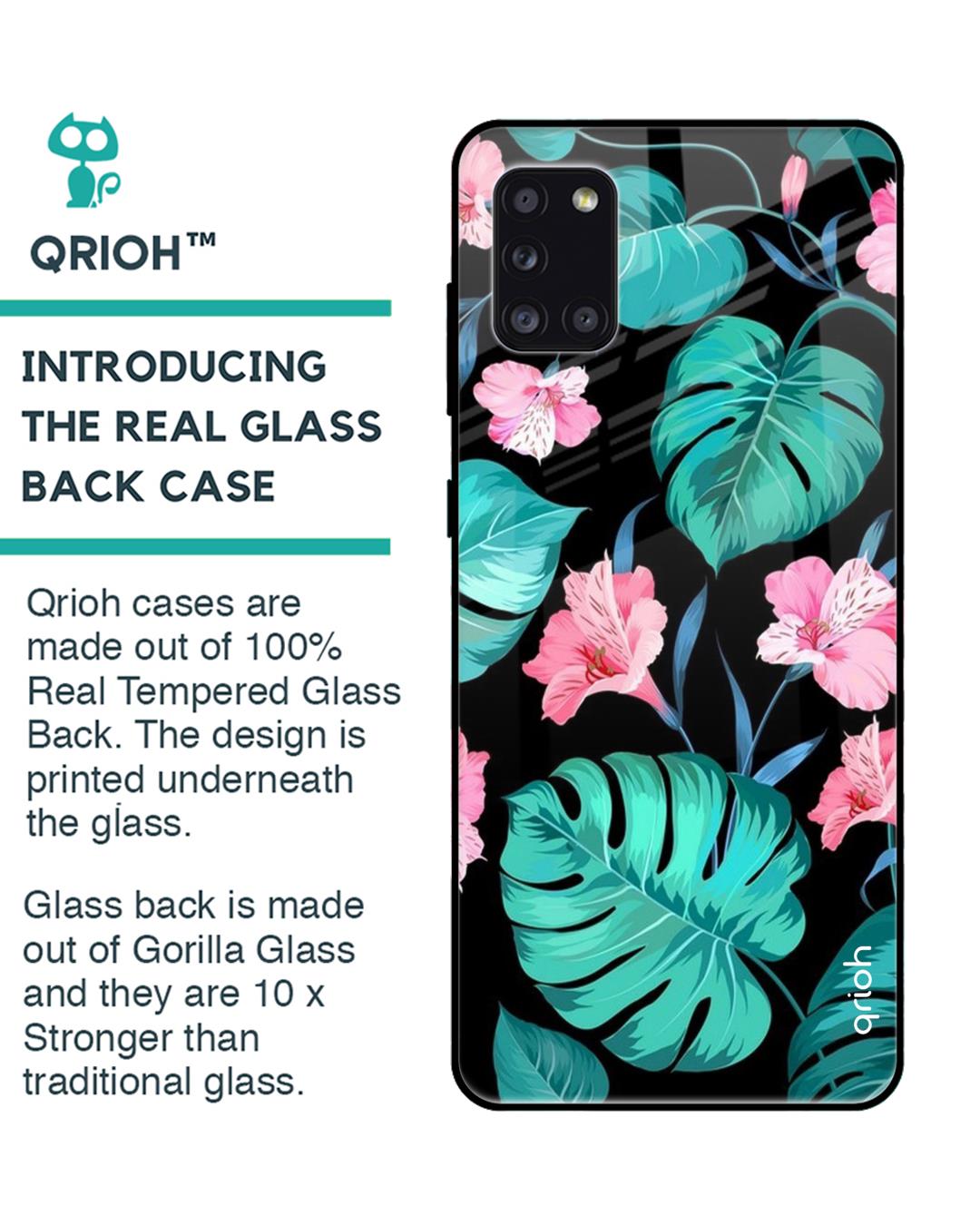 Shop Tropical Leaves & Pink Flowers Glass Case For Samsung Galaxy A31-Back