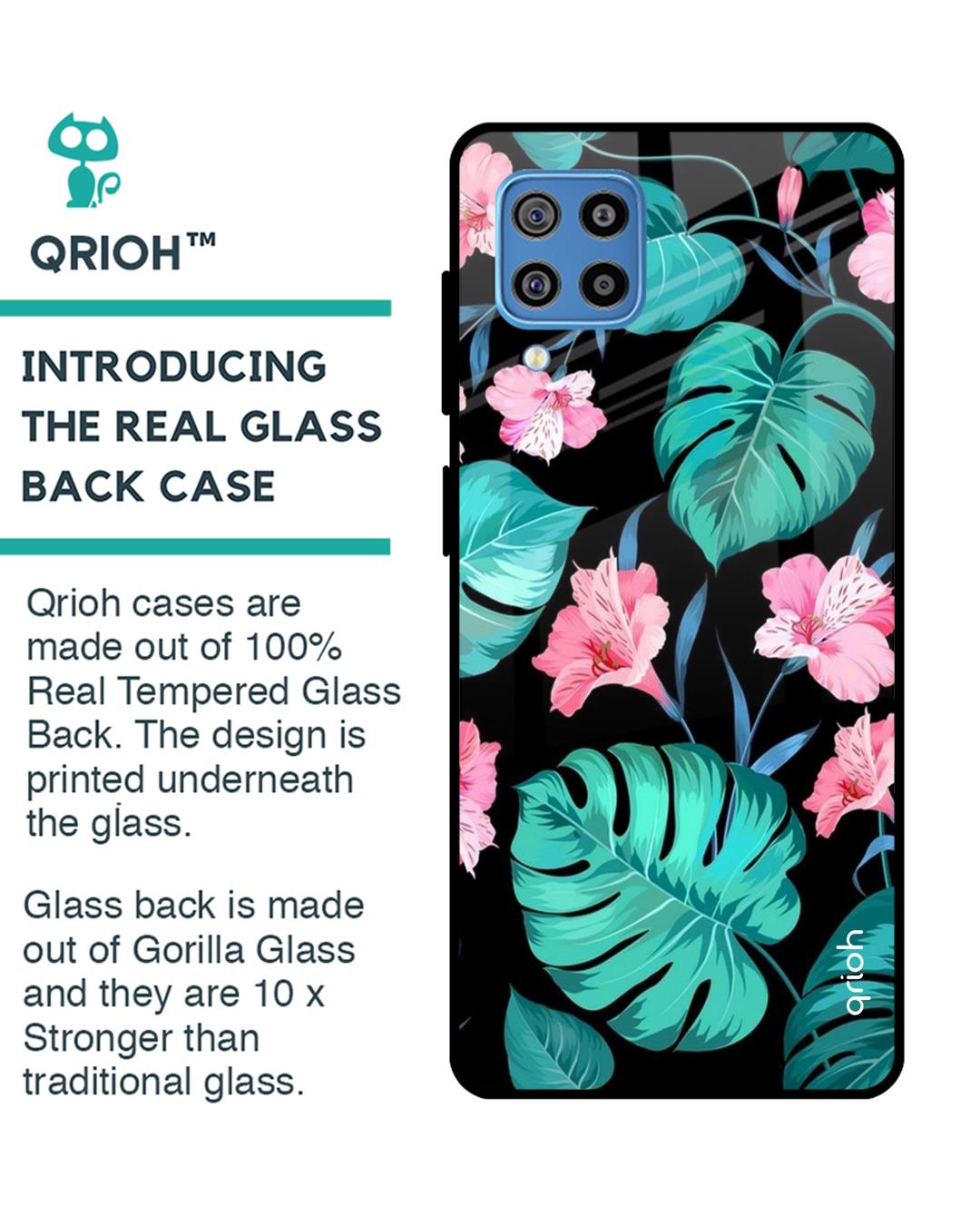 Shop Tropical Leaves & Pink Flowers Glass Case For Samsung Galaxy F22-Back
