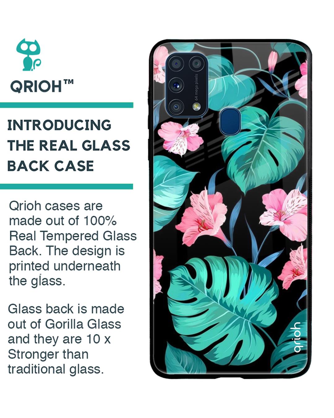 Shop Tropical Leaves & Pink Flowers Glass Case For Samsung Galaxy M31 Prime-Back